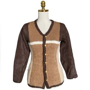 Vintage Women's Brown & Tan Mohair Knitted Cardigan Sweater Size Small